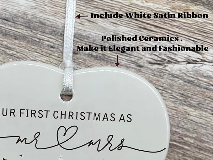 2025 for Newlywed Couples Wife Husband-Our First Christmas as Mr and Mrs-Wedding Gift,New Year Present-Ceramic Hanging Heart Shaped Ornament-Double Sided Printed