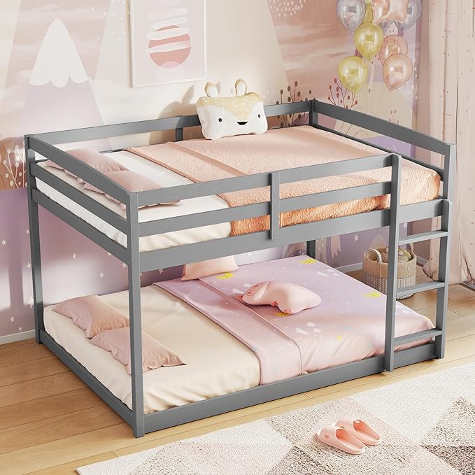 KOMFOTT Low Bunk Bed Full Over Full, Solid Wood Full Bed Frame with Built-in Ladder & Safety Guardrails, No Box Spring Needed, Space-Saving Low Bunk Bed for Kids & Teens