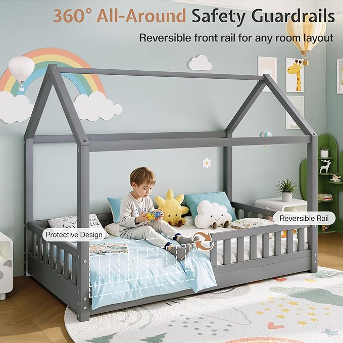 Jocisland Twin Size House Bed for Kids, Montessori Wooden Floor Bed Frame with Guardrails, Removable Rails, Playhouse Roof, Easy Assembly, Toddler Floor Bed for Boys & Girls, Grey
