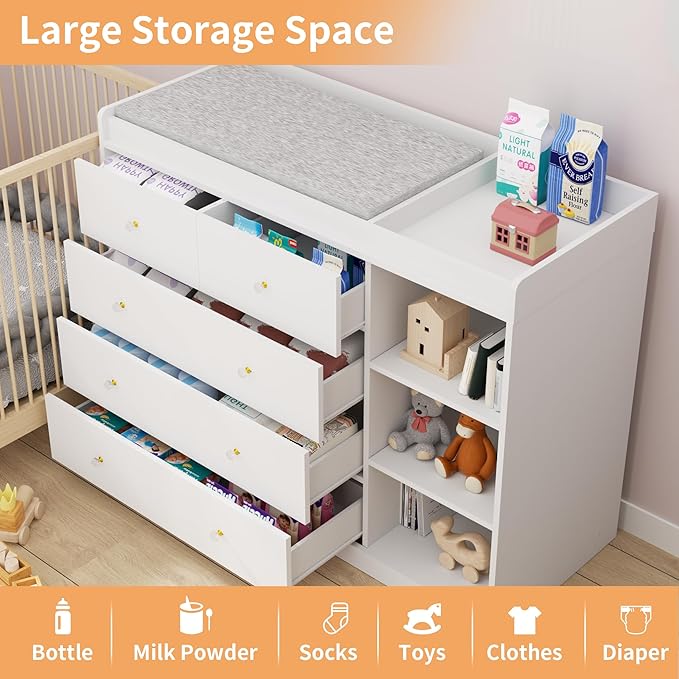 47.2" White Nursery Dresser with 5 Drawers and 3 Open Shelves Changing Table Dresser with Changing Table Top Diaper Changing Station with Storage for Nursery Children's Room