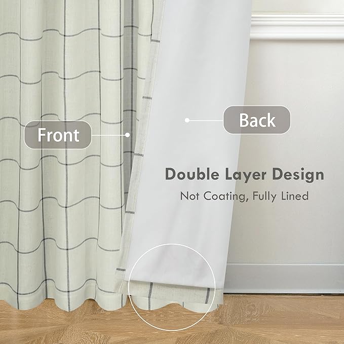 DriftAway 2 Panels 100% Blackout Windowpane Plaid Linen Curtains Double Layer Drapes for Bedroom 96 Inches Long Farmhouse Thermal Insulated 3.25 Inch Rod Pocket Back Tab for Living Room Black