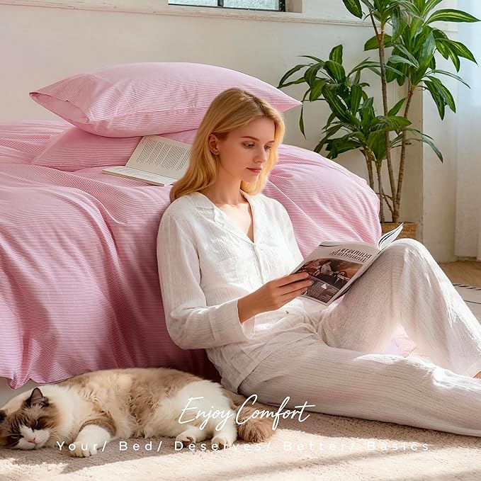 JELLYMONI 100% Natural Cotton 3pcs Striped Duvet Cover Sets,White with Pink Stripes Pattern Printed Comforter Cover,with Zipper Closure & Corner Ties(Full Size)
