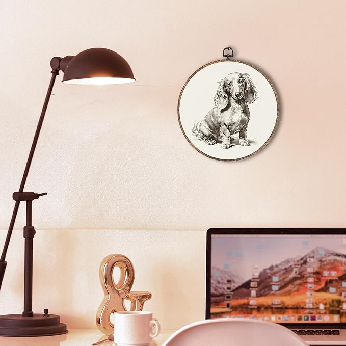 Vintage Dachshund Round Wall Art Framed, Retro Weiner Dog Round Wall Decor, Dachshund Weiner Dog Gifts Hanging Canvas Print Wall Sculpture for Bedroom Living Room Decor, 10x10 Inch