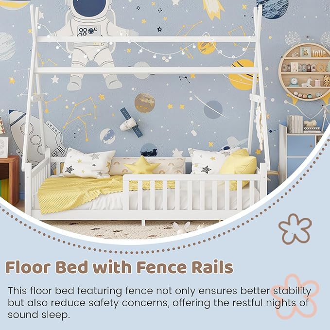 Twin House Bed with Light,Wood Twin Montessori FloorBed with Rails & Roof,Teepee Bed for Kids Boys Girls,with Slats Support,No Box Spring Needed, White