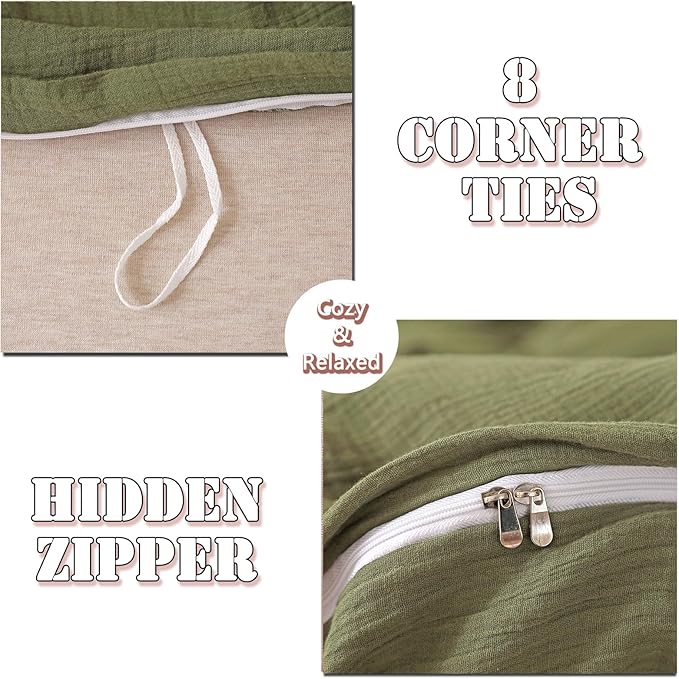 MorroMorn Muslin Duvet Cover Twin Size, 100% Breathable Cotton 2-Layer Gauze Comforter Cover Set 3 Pieces with 2 Pillowcases Zipper Closure & Corner Ties, Ultra Soft Linen Like, 68"x90", Olive Green