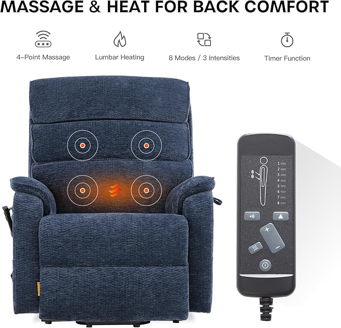 DYNOX 400lbs Big Man Lift Chair Large-Wide Power Dual Motor Lift Recliners Chairs Lay Flat Chair with Infinite Positions, Heat & Massage, (9298,Chenille,Blue)