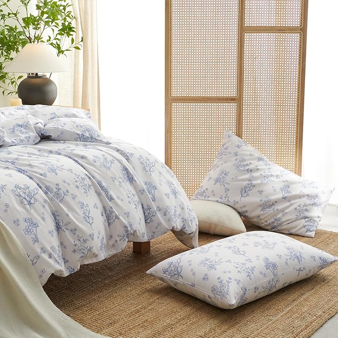 Blue Floral Duvet Cover Full Cornflower Blue Botanical Flower Bedding Set Reversible Garden Coquette Bedding Girls Soft Microfiber 3Pcs Zipper Closure（No Comforter）