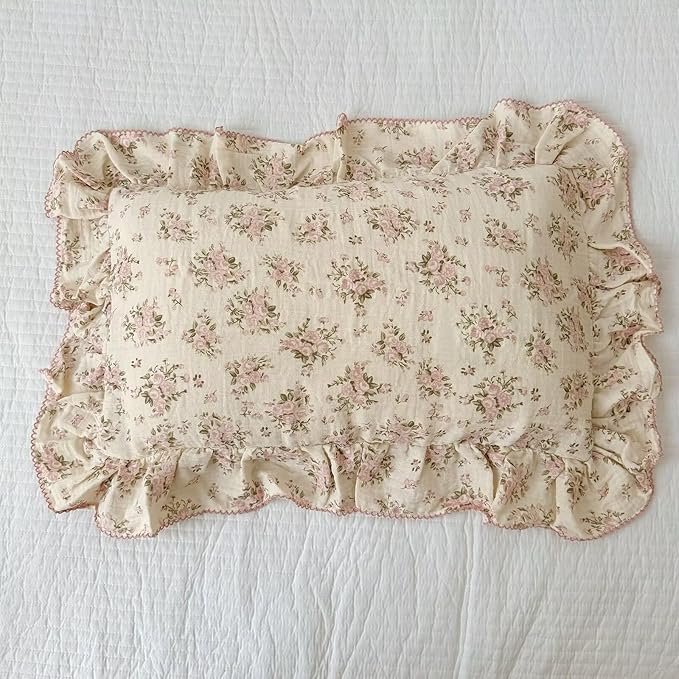 BuLuTu Cotton Muslin King Pillow Case, Chic Shabby Pink Floral Print Pillowcase for Teens Adults Children, French Country Ruffled Edges Pillow Cases,20x36 inch, 1 Piece, Pink Peony