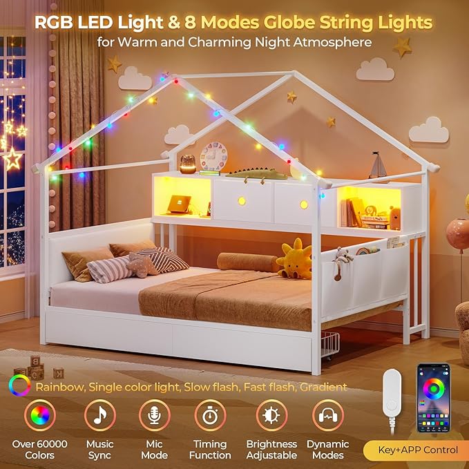 Hasuit Corner Twin House Bed Frame with Storage Drawers & Bookcase, House Shaped Metal Beds with Charging Station & LED Light, Corner Bed with Upholstered Headboard, Twin Size Bed for Kid Teens, White