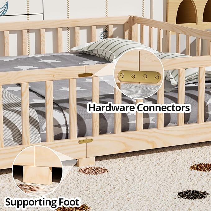 i-POOK Queen Floor Bed for Children, Sturdy Wood Montessori Bed Frame with Wood Slats, High Fence & Small Door, Montessori Floor Bed for Girls and Boys, Natural