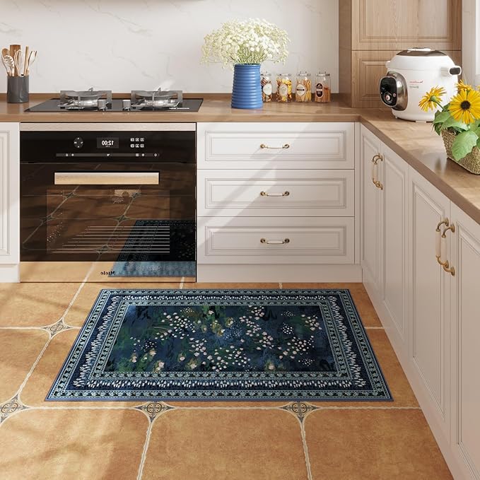 Rugcomf 2x3 Rug Impressionist-Style Vintage Indoor Door Mat Machine Washable Small Area Rug Non-Slip Low Pile Throw Rugs for Entryway Kitchen Front Door Indoor Entrance Entry Kids Room, Blue