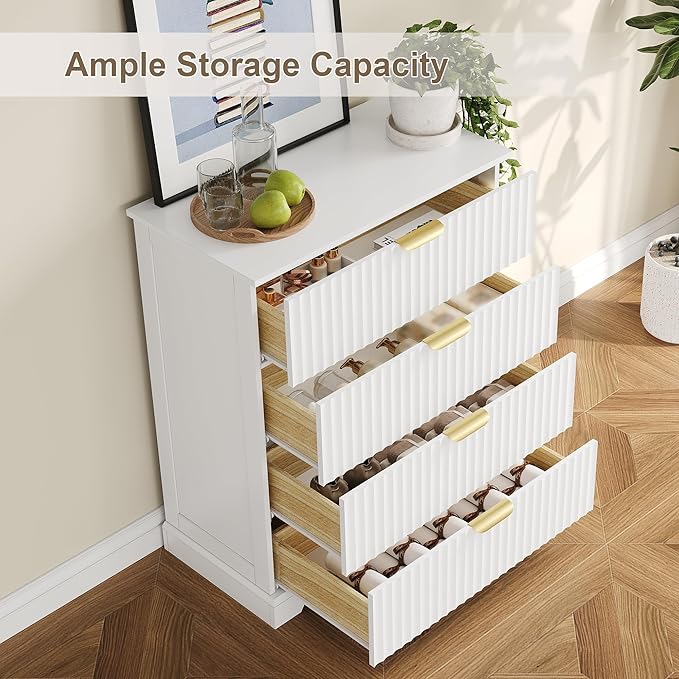 Fluted Dresser with 4 Drawers for Bedroom, 36.6" Tall Dresser with Metal Handle, Wooden Chest of Drawers for Bedroom, Living Room, Entryway, White
