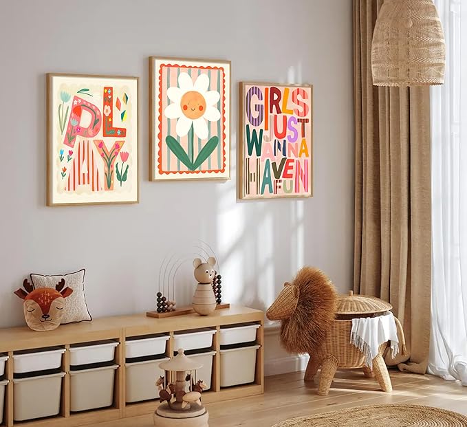 Boho Floral Sun Nursery Wall Art Girls Just Wanna Have Fun Positivity Affirmation Rainbow Print Playroom Classroom Counseling Office wall decor Play Poster for Kids Bedroom, 12x16 Inch, Set of 3