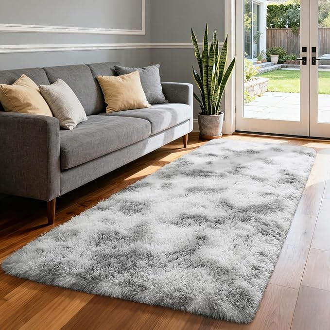 Merelax Soft 2x6 Abstract Runner Rugs for Bedroom Living Room, Tie-Dyed White Grey Plush Fluffy Rug, Shag Furry Area Rug Carpet Non-Slip for Nursery Children Kids Girls Room Home Decor Aesthetic
