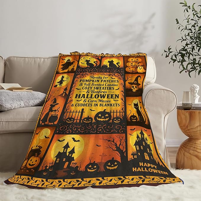 Halloween Blanket Gothic Witch Throw Blanket Pumpkin Soft Cozy Fleece Black Cat Fuzzy Stuffed Plush Ghost Skull Flannel Gifts for Girls Women Boys Kids Adults 40''x50''