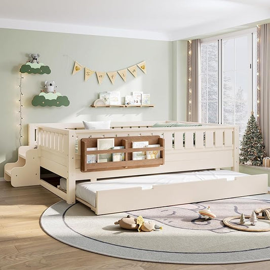Bellemave Full Bed with Trundle and Stairs, Full Size Platform Bed Frame with Fence and Bookshelf, Easy Assemble Beds for Kids, Girls, Boys, Beige