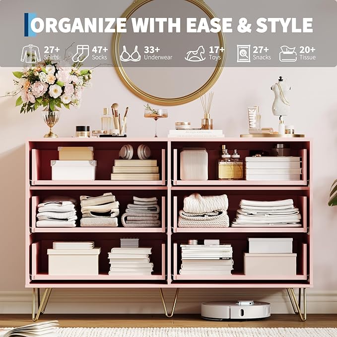Garvee Fluted Dresser for Bedroom with 6 Drawers,47" Wide Modern Chest of Wooden Bedroom Chest with Metal Handle,Clothes Storage Organizer,Closet Dresser & TV Stand for Living Room,Hallway,6&Pink