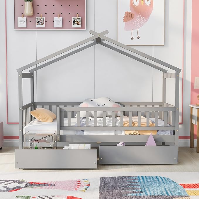 Merax Twin Size Wooden House Bed with Two Drawers, Wood Bed Frame with Roof and Safety Guardrail for Kids, Teens, Boys or Girls, Gray