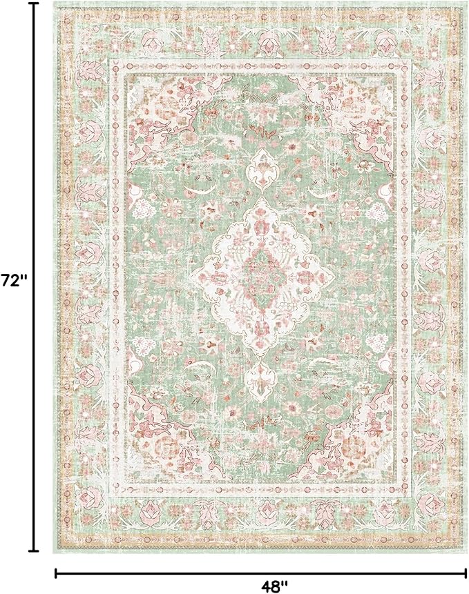 Vhong Washable Area Rugs Boho Vintage Modern Neutral Small Carpet Green and Pink High Traffic Rugs 4×6 for Dinning Room Living Room Bedroom Farmhouse Non Slip