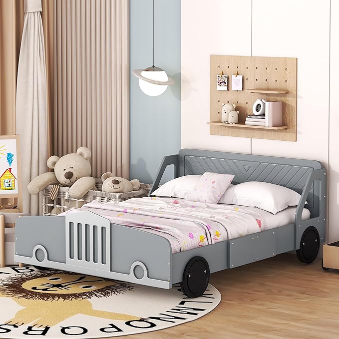 Full Size Car-Shaped Platform Bed with Wheels, Solid Wood Car Bed Frame with Strong Slatted Support for Kids Teens Boys Girls Bedroom, Fun Play Design Kids Floor Bed (Gray-WL55)