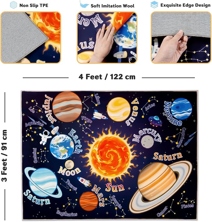 Kids Rugs for Playroom, 3x4 Feet Educational Rug for Learn The ABC Alphabet, Soft Machine Washable Non-Slip Cute Space Galaxy Carpet for Classroom Toddler Nursery Kids Room Decor Mat