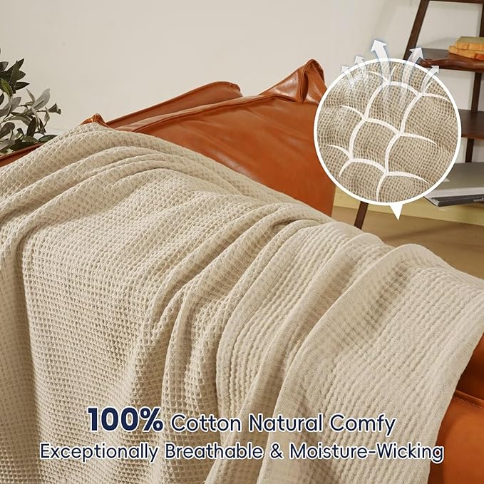PHF 100% Cotton Waffle Muslin Throw Blanket Large 50" x 70", Lightweight and Breathable Washed Cotton Blanket, Aesthetic Soft Muslin Waffle Bedding for Sofa Bed Home Decor, Oak