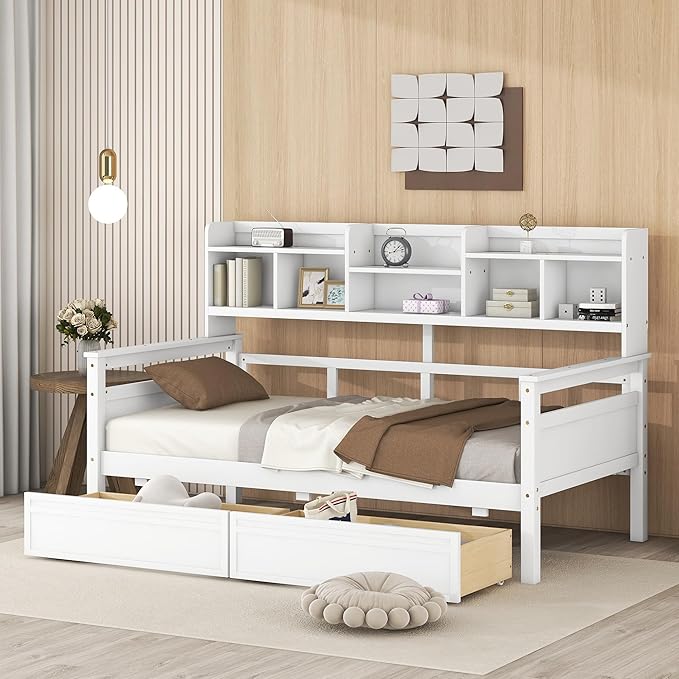 Harper & Bright Designs Twin Daybed with Storage, Wooden Twin Size Bed Frame with Bookcase Headboard and 2 Drawers, Twin Sofa Bed with Shelves for Living Room Bedroom, No Box Spring Need, White