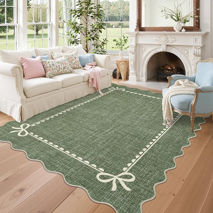 GarveeHome Scalloped Bow Rug for Living Room, Solid Green Rug for Dorm, Washable Rugs 9x12 Soft Low Pile Non Slip Scalloped Rugs for Nursery College Bedroom Decor Kids Room Playroom