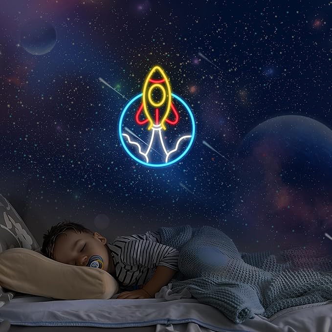 Rocket Neon Sign, LED Light Room Decor, USB Powered Light Up Space Element Universe Theme Decoration, for Bedroom Living Room Gaming Room Man Cave Home Party Birthday Gift for Teen Boys