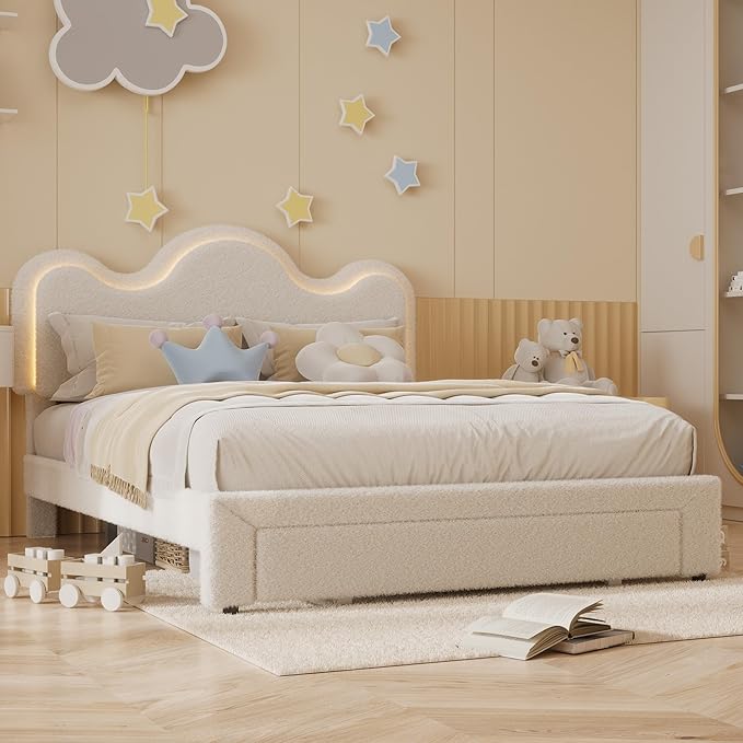 Queen Upholstered LED Bed Frame with Storage Drawers Girls Bed with Flower Headboard Boucle Princess Platform Bed Frame for Kids/Girls Strong Wood Slat Support,No Box Spring Needed,Easy Assembly