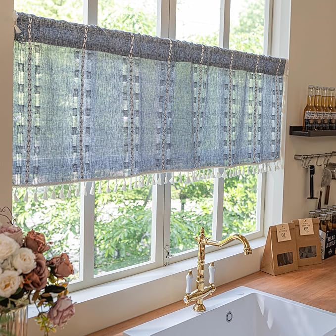 Deeprove Boho Valance Kitchen Short Curtain, Textured Striped Drape Semi Sheer Privacy Tier Embroidered Chic Window Treatment for Cafe Restaurant Closet, W52 x L18 inch Single 1 Panel Denim Blue