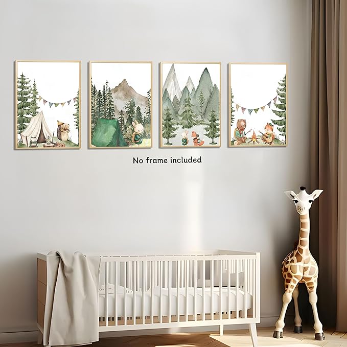 Kousne Woodland Adventure Nursery Canvas Wall Art Set of 4 Camping Animal Prints BearFox Rabbit Hiking PostersForest Mountain Themed Kids Room PictureNature Exploration Wall Decor Frameless 12x16In ﻿