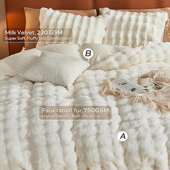 JELLYMONI Plush Duvet Cover Set - Twin Size Beige Faux Fur Comforter Cover 2pcs Bedding Set Luxury Ultra Soft Striped Fluffy Duvet Cover with Zipper and 1 Pillowcase (NO Comforter)