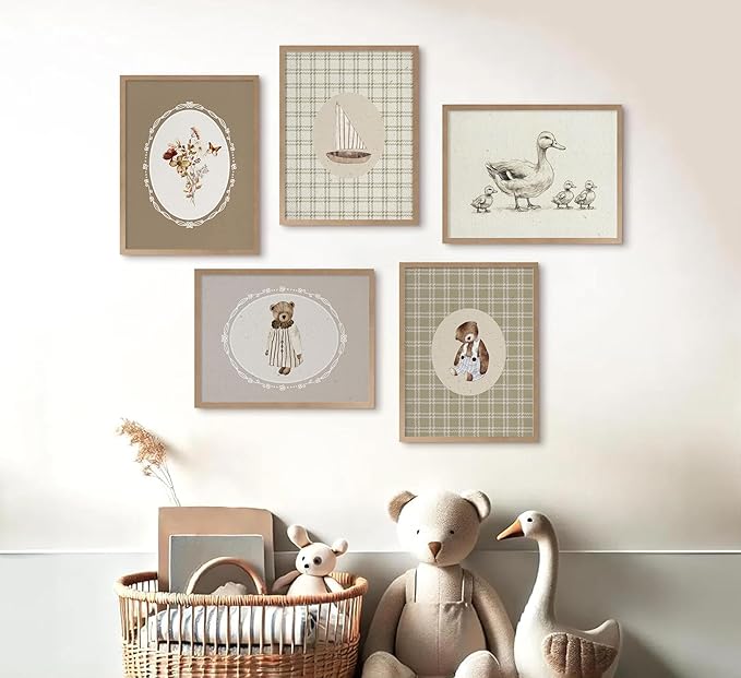 Vintage Nursery Wall Art Kids Room Canvas Wall Decor Animal Pictures Cute Duck and Woodland Bear Posters Neutral Floral and Sailboat Painting Print Artwork for Baby Boy Girl Room Playroom, Unframed