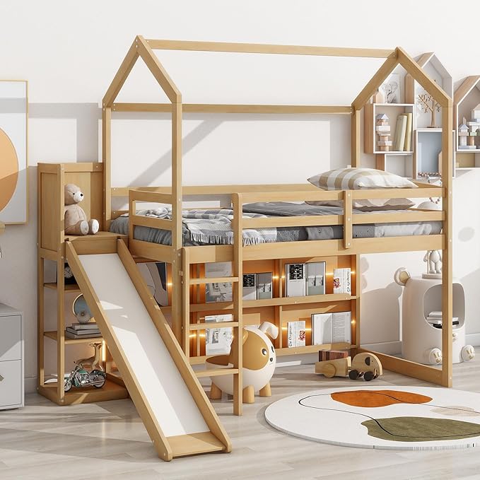Playful Twin Size Wood House Loft Bed with Slide and Climbing Ramp, Multiple-Function Low Loft Bed Frame with Storage Shelves and Light for Kids Teens Boys Girls Bedroom (Wood-C)