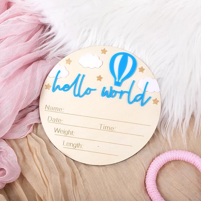 Baby Announcement Sign 5.9 Inch Wooden Hello World Newborn Signs Baby Name Plaques Birth Announcement Signs Pen Hot Air Balloon White Cloud Newborn Welcome Sign BabyShower Hospital Nursery