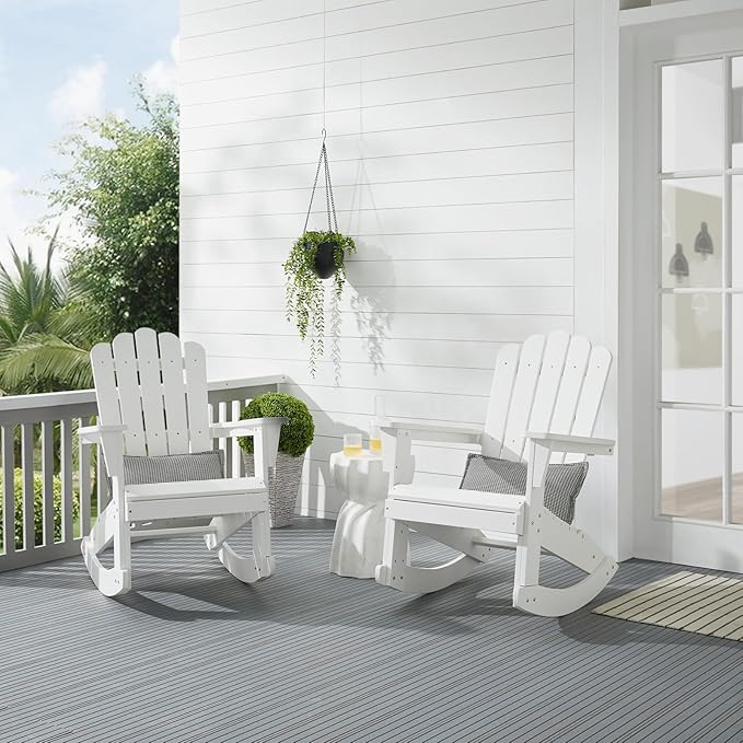 Psilvam Outdoor Adirondack Rocking Chair, Poly Lumber Porch Rocker with High Back, Patio Rocking Chair for Both Outdoor and Indoor (White)