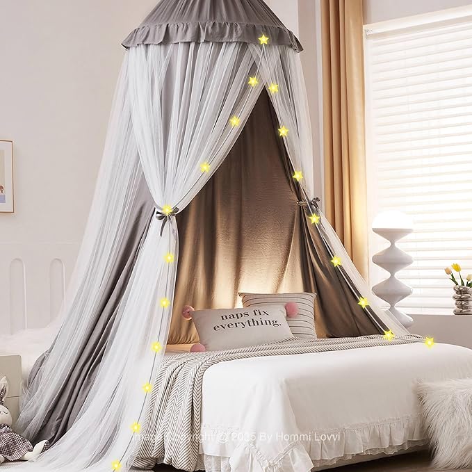 Double Layers Bed Canopy with Star Lights, 3 Pieces Layers Canopy for Girls Bed, Princess Round Dome Dreamy Play Tent, Hanging Kids Reading Nook Mosquito Net, Machine Washable - Gray