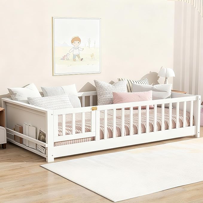 Twin Size Kids Montessori Floor Bed with Door,Twin Floor Bed Frame with Slats and Bookcase,Solid Wood Montessori Bed for Girls Boys,White