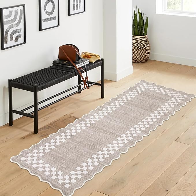 GarveeHome Hallway Runner Rug 2x6 Non Slip Scalloped Washable Rug for Kitchen Entry Stain Resistant Modern Border Throw Floor Carpet Long Runner Mat for Bathroom Living Room Bedside, Fog
