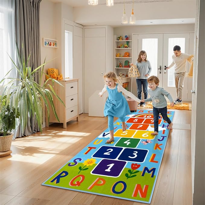 STARUIA Washable Hopscotch Kids Rug for Playroom, Colorful Educational Classroom Rugs with ABC Number, Non Slip Kids Play Rug Game Carpet for Bedroom Nursery Boy Girl （Blue, 31.5''x72''）