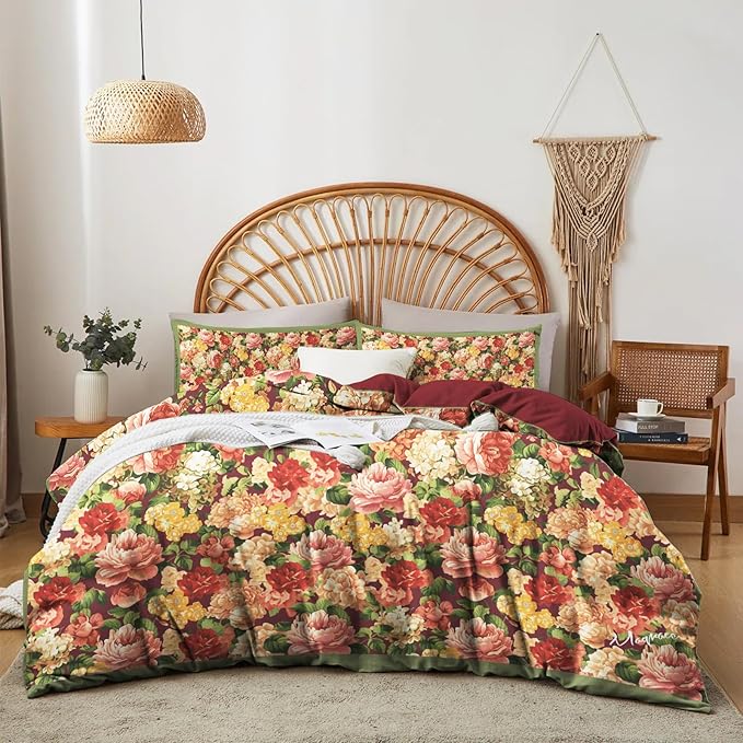 MAGRACE Cotton Duvet Cover Queen- Super Soft Breathable Duvet Cover Set -Duvet Cover with Pillow Shams, Vintage Floral Pattern & Maroon Red Reversible