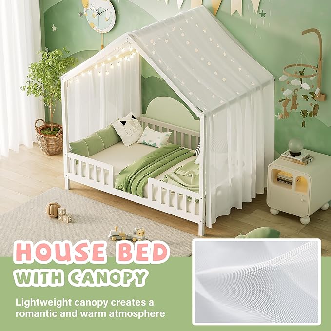 Montessori Floor Bed with Canopy, High Railings and Roof, Full Size Wood House Bed Frame for Kids Bedroom (White/C)