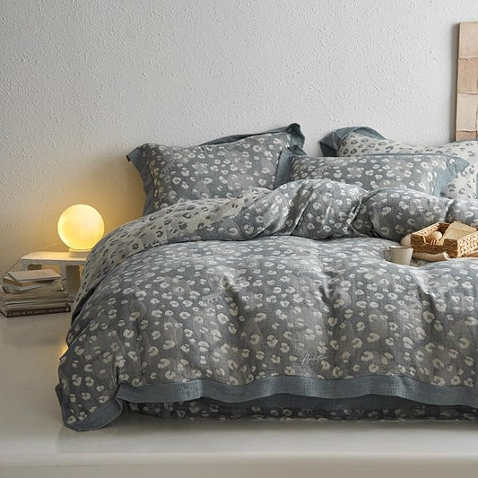 Grey Leopard Duvet Cover Set Twin XL Leopard Print Jacquard Duvet Cover with 2 Pillowcases Yarn-Dyed Linen Cotton Vintage Floral Bedding Set Wild Animal Cheetah Print Comforter Cover for Boy Girl Teen