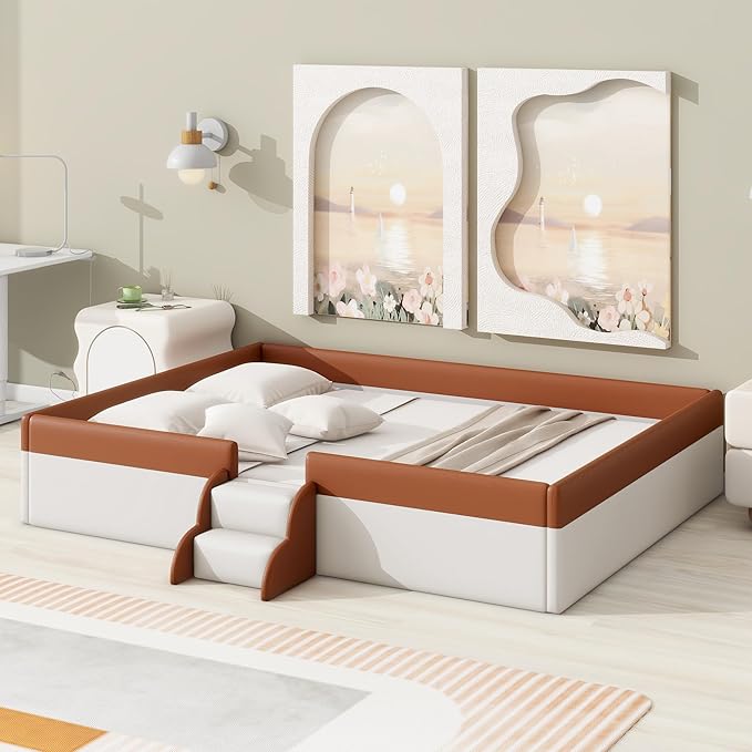 Queen Size Upholstered Daybed Frame with Fence and Stairs, Montessori Kids Floor Bed with Sturdy Slat Support for Kids Boys Girls (Brown+Queen)