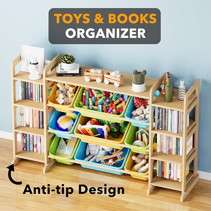 SpaceAid Large Toy Storage Organizer 9 Shelves 9 Bins, Toy Organizers Storage Bookshelf, Kids Bin Shelf Toys Box Bookcase for Bedroom Playroom Organization Room Decor, Multi-Colored