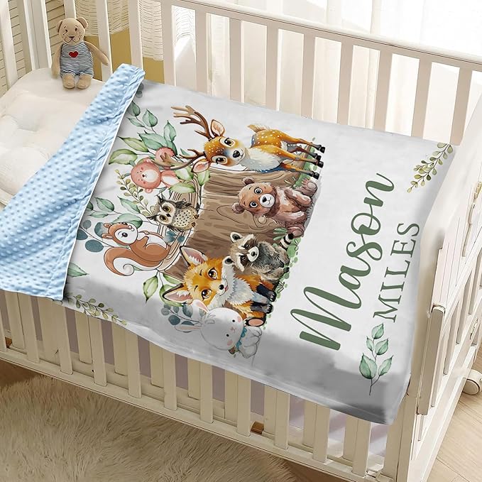 Personalized Baby Blankets for Boys Girls, Custom Name Animal Stump Design Baby Blanket, Soft Receiving Blanket for Newborns and Toddlers, Ideal for Baby Showers and Nursery Decor