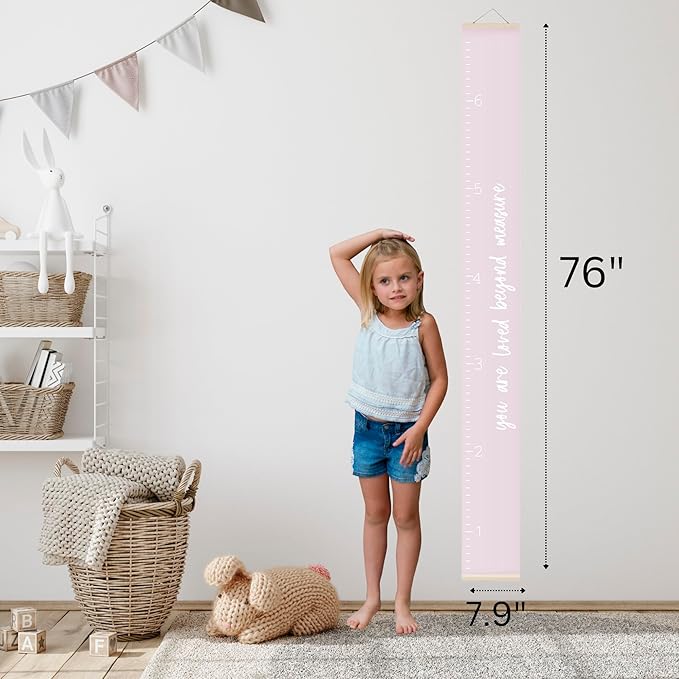 Morxy Canvas Growth Chart for Kids - Unisex Room Wall Decor - Measuring Height Wall Tape (Loved Beyond Measure- Pink)