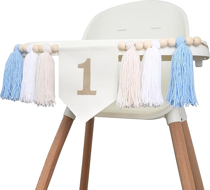 HGFC Embroidery Tassel High Chair Banner - Wood Bead 1st Birthday Banner,Sky Theme Party Decoration,Birthday Baby Boys Tassel Garland,Cake Smash Backdrop