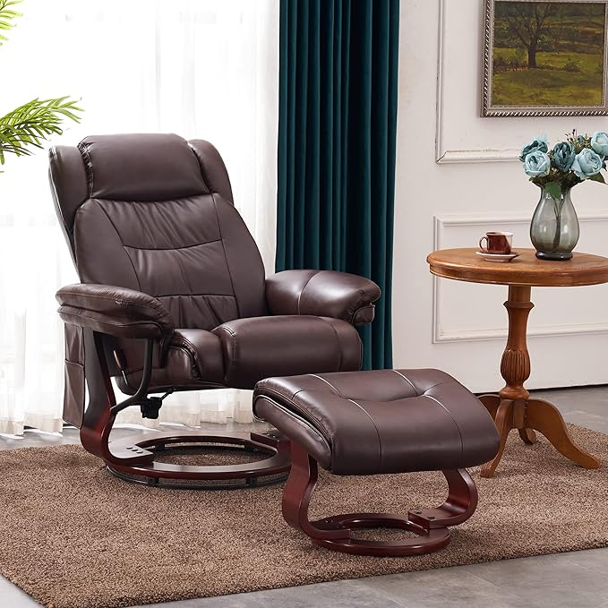 MCombo Swivel Recliner with Ottoman, Faux Leather TV Chair with Vibration Massage, Ideal for Small Space, Living Room & Bedroom 4734 (Dark Brown)
